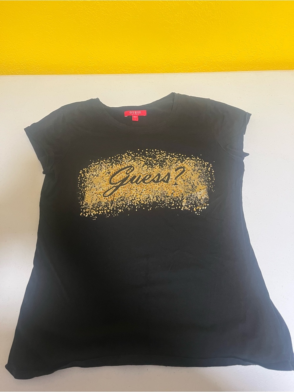 Guess Black Short Sleeve Tee with Gold Logo Sparkle